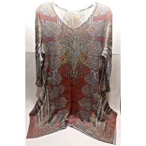 Studio Gem Q Medium Tunic Top  3/4 Sleeve Metallic Hankerchief Hem Earth Tones